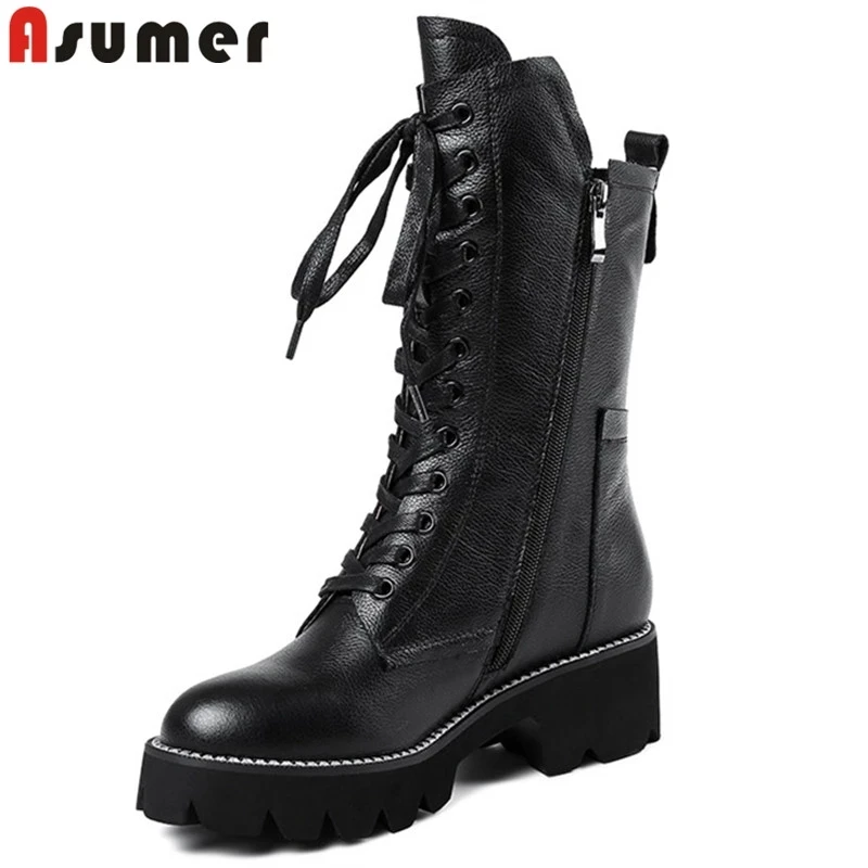 

ASUMER Full genuine leather boots women autumn winter boots zip cross tied mid calf boots square heel classic platform botas