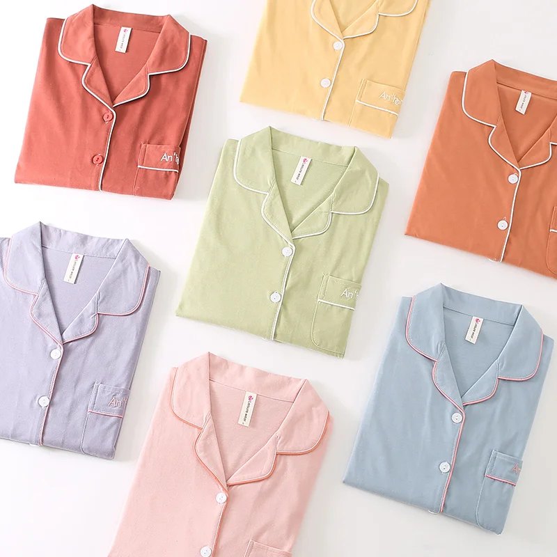 Female Pajamas Set Nightwear Spring Knit Cotton Long-sleeve Sleepwear Sets Solid Color Pyjamas Sets Pajamas Casual Homewear