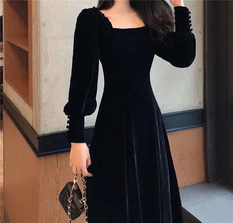 Autumn and winter 2021 new gold velvet dress women French retro square collar waist Office Lady  Knee-Length