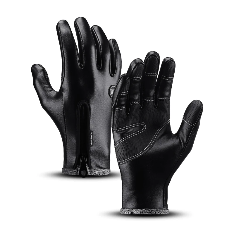 Winter Warm Windproof Gloves Black Leather Outdoor Mittens Anti-slip Touch Screens Thermal Glove Hand Warmer Gloves Men Guantes