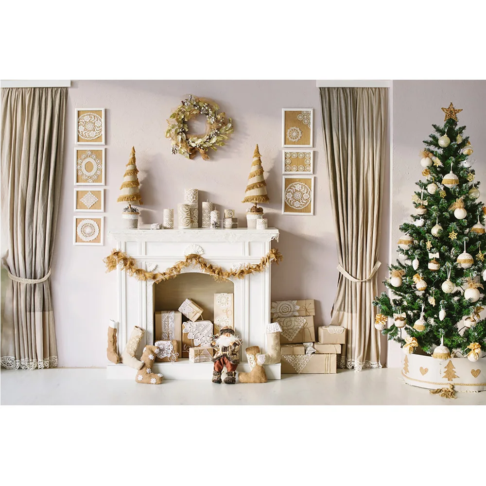 عيد الميلاد الشتاء خلفية الموقد الأبيض غرفة المعيشة الكبار الاطفال صورة خلفية جورب هدية شجرة عيد الميلاد الستار الديكور