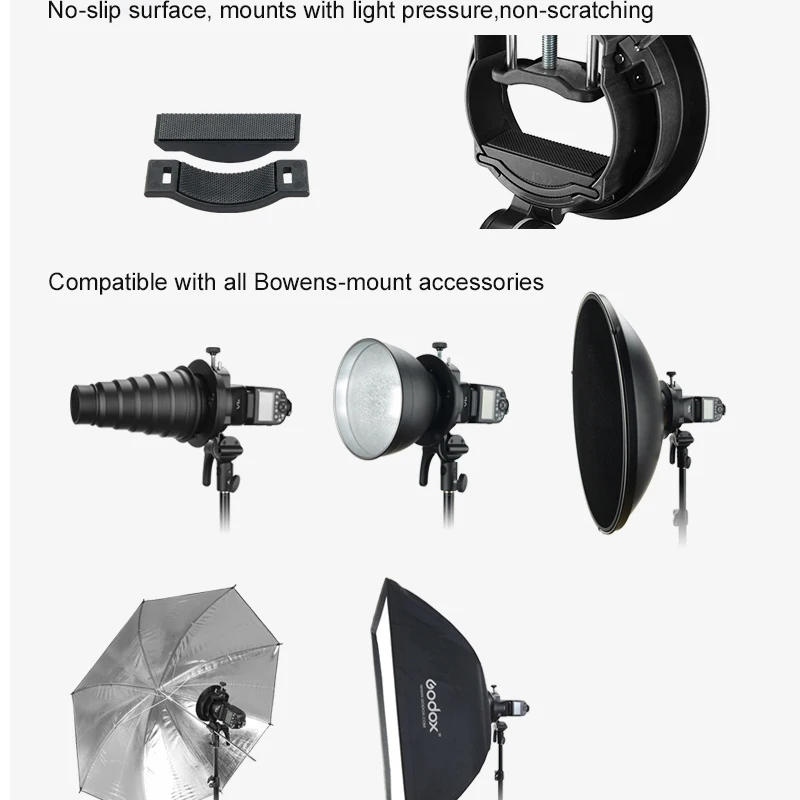 Godox S2 Speedlite 브래킷, 보웬스 마운트 플래시 홀더, Godox V1 라운드 헤드 Speedlite V860II TT350 시리즈, 야외 플래시 브래킷