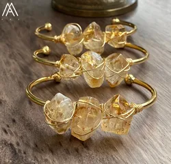 Natural Citrines Quartz Open Gold Bangle Bracelet Women Raw Crystal Stone Chunky Beads Cuff Bracelet Jewelry Gift Dropshipping