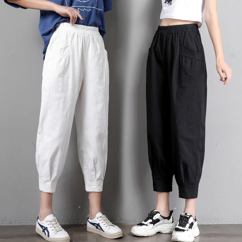 

Women Summer Cotton Linen Harem Pants Capri Khaki Green White Black Casual Pants Korean Ladies S-3XL Plus Size Vintage Trousers