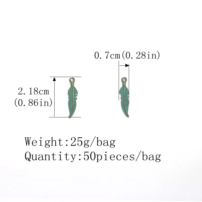 50pcs 22*7MM Retro Patina Plated Zinc Alloy Green Feather Charms Pendants For DIY Jewelry Accessories PJ006