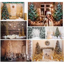 Allenjoy Christmas Decor Winter Tree Fireplace Gifts Wooden Floor Photophone Backdrop New Year Festival Photograpy Background