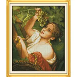 Joy Sunday The Girl picking grapes DIY Character Cross Stitch Kit 14CT11CT Count Canvas Printed Embroidery Set Needlework Crafts