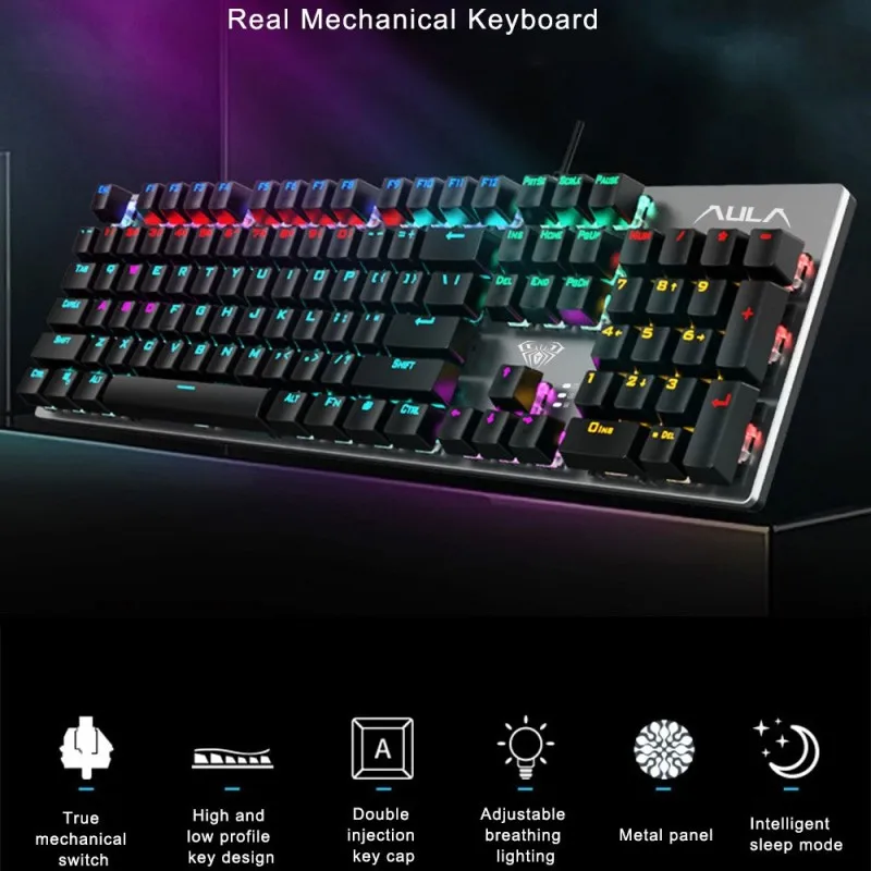 AULA S2016 Mechanical Game Keyboard, Full Key Anti Ghosting Programmable Blue Breathing Light Keyboard, Suitable for PC Laptops