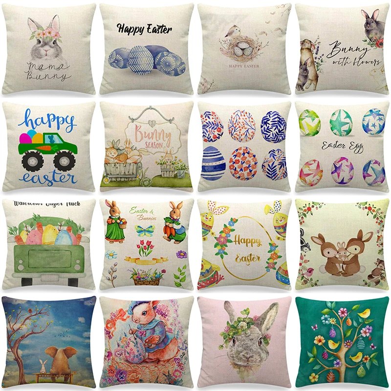 Easter Eggs Printed Cushion Cover 45x45cm Indoor Couch Decor Pillow Cover Easter Decorations Bunny Truck Linen Throw Pillowcase