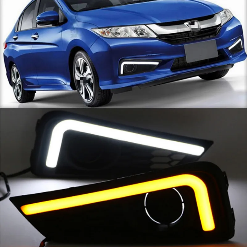 LED daytime Running Lights for Honda City 2015 2016 fog lamp cover drl with yellow turn signal light car styling