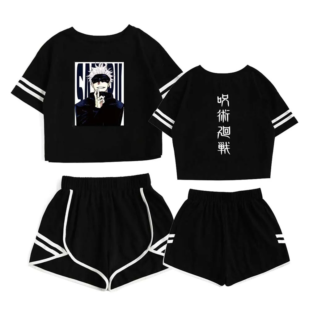 Traje corto de Gojo Satoru para mujer, ropa deportiva femenina de 2 piezas de Anime, Jujutsu, Kaisen, top corto japonés, Verano