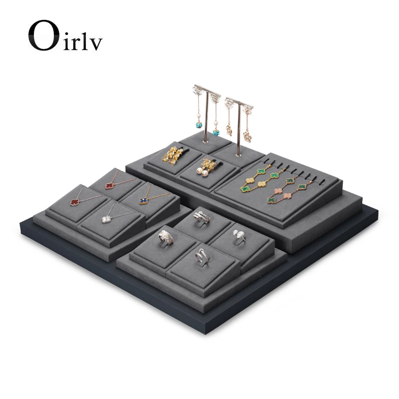 Oirlv Newly Gray PU Leather Jewelry Display Set with Microfiber Ring Display Stand Necklace Display for Shop Cabinet