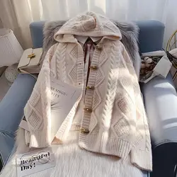 Hooded twist sweater coat autumn and winter 2023 new women's loose outer wear lazy knitted cardigan