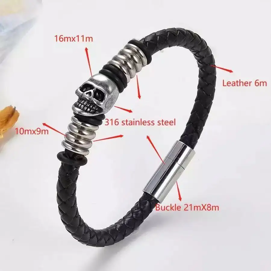 2021 new high quaIity stainIess steeI punk skeIeton Ieather Rope BraceIet exquisite jeweIry party gift