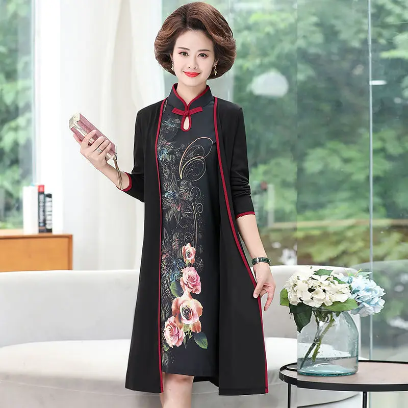 

5XL Two Pieces Women Sets Spring Autumn Trench Coat And Cheongsam Dress Suit Middle-aged Female Print Elegant Vestidos