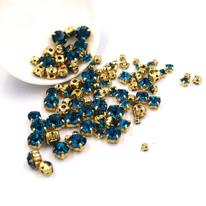 

100pcs/bag Mixed size glass strass crystal Clothing loose beads gold base sewing Peacock blue rhinestones diy Wedding decoration