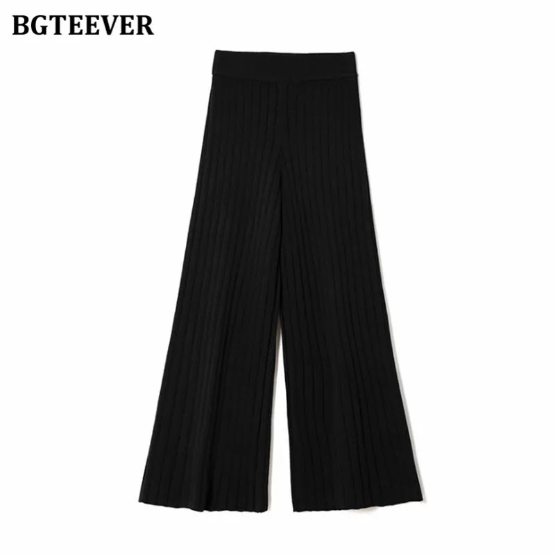 BGTEEVER Casual Warm Loose Floor-length Sweater Pants for Women Autumn Winter High Waist Wide Leg Knitted Trousers Femme 2021