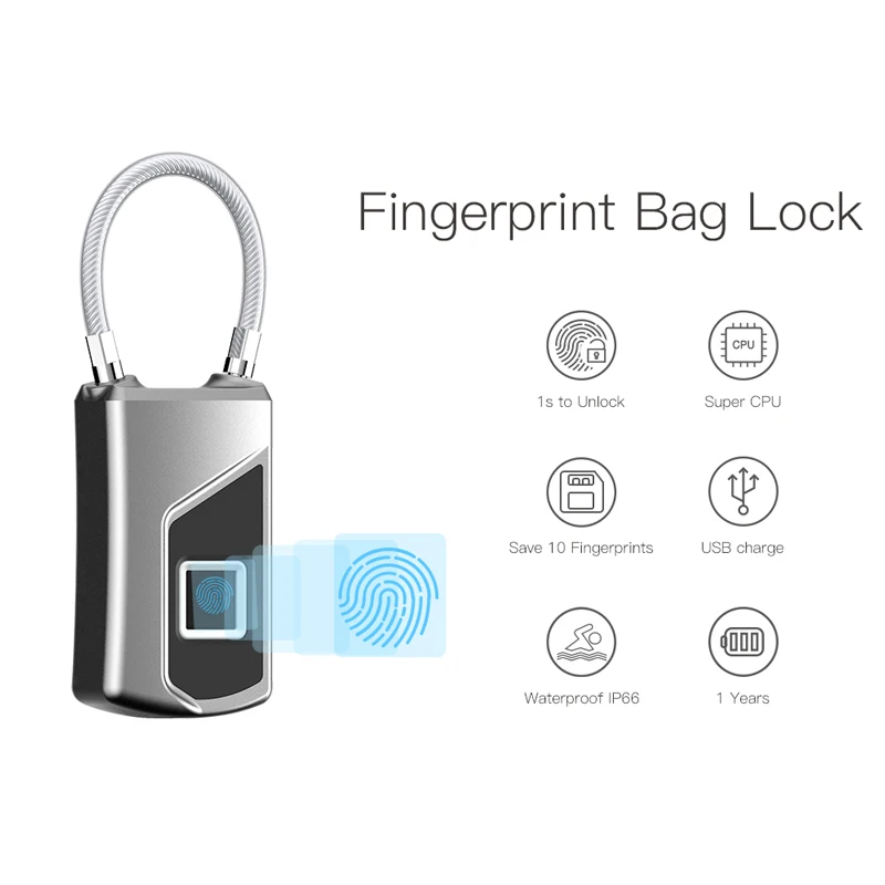 

Anti-theft Non-password Lock Waterproof IP66 Portable Smart Biometric Fingerprint Padlock Keyless USB Charge For Bag Cabinet