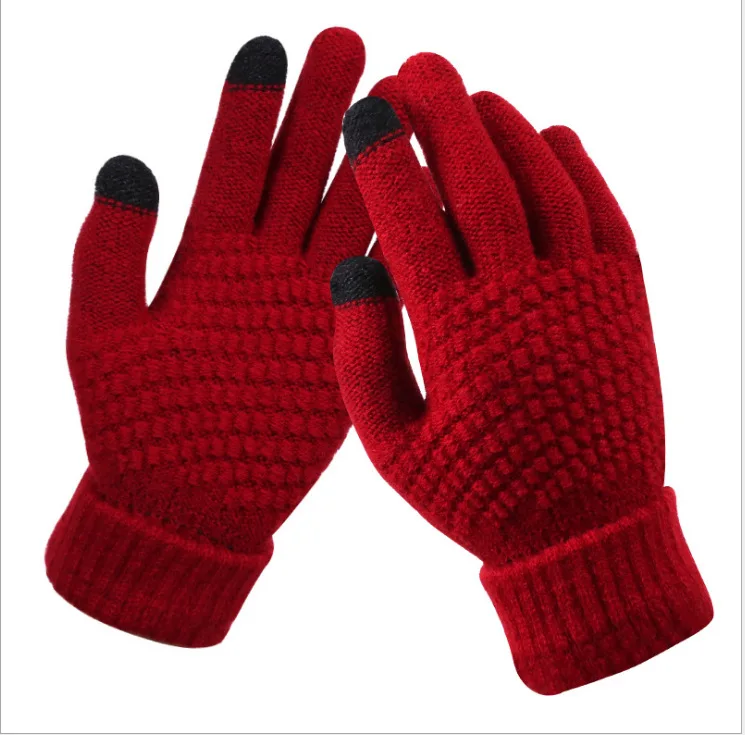 Women\'s Winter Touch Screen Gloves Thicken Warm Knitted Stretch Gloves Imitation Wool Full Finger Outdoor Skiing Gloves