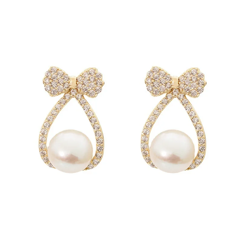 2021 Fashion New Temperament Earrings, Small Bow, Pearl Crystal Earrings, Net Celebrity All-match Manufacturer Sales Earrings