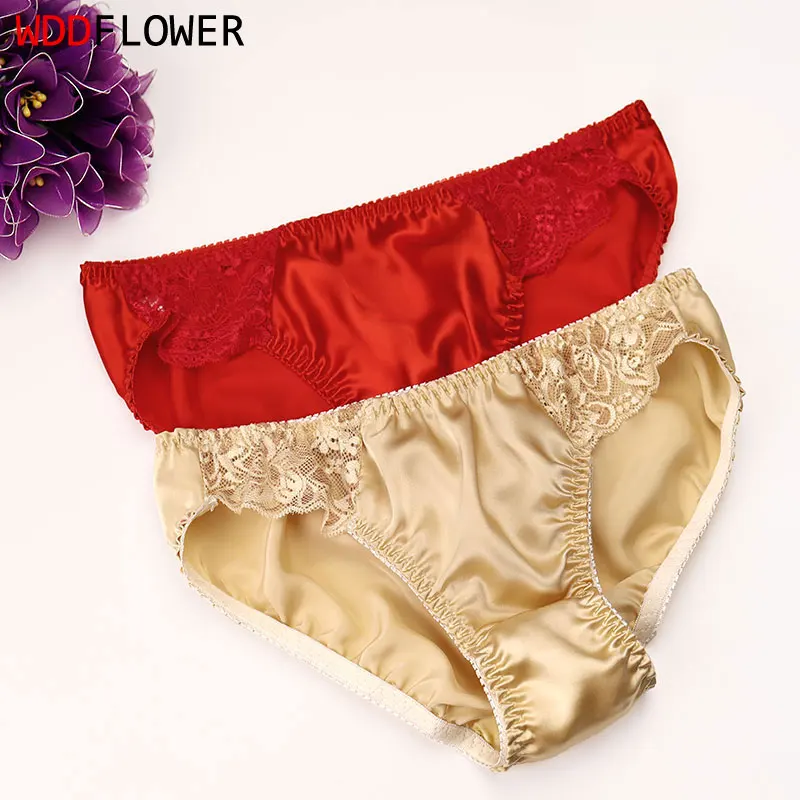 5 PACK 100% Silk Women Panties Lace Briefs Low Waist Health Intimates Underwear Lingerie M-2XL MS003