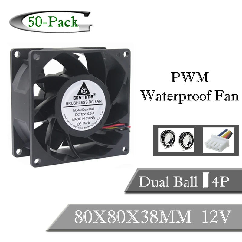 

50PCS GdstimeDC 12V 8cm 80mm 8038 Ball Bearing Waterproof Cooling Fan 80x80x38mm PWM 4Pin Inverter Cooler Cooling