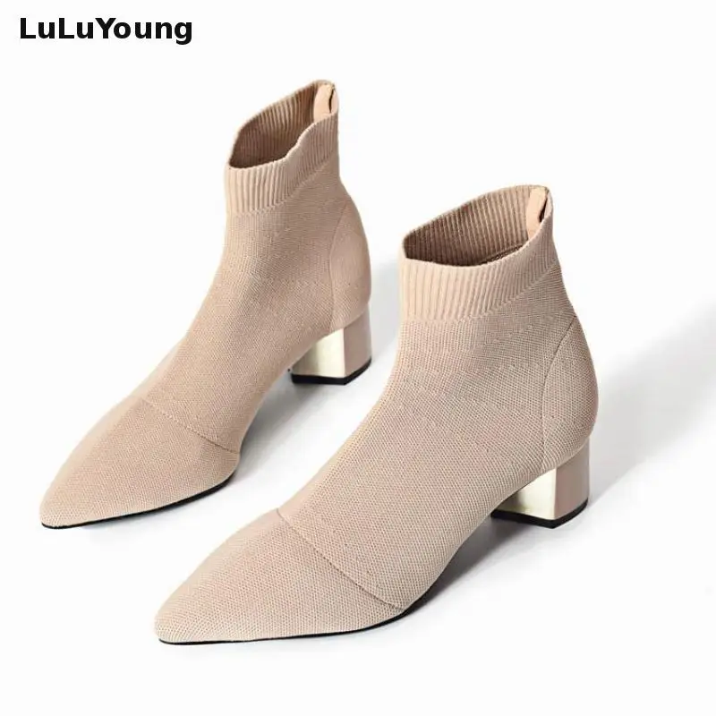 Knitted Elastic Socks Boots Medium Heeled Short Boots Women Point Toe Ankle Boots