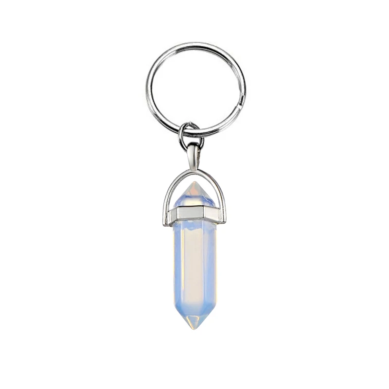 Hexagonal Column Natural Stone Amethyst Keychain For Women Rose Quartz Stone Key Rings On Bag Car Jewelry Party Friends Gift