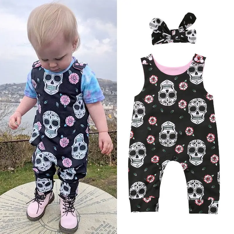 

0-18M Brand New Halloween Casual Infant Baby Boy Girl Skull Romper Sleeveless Pattern Black Cotton Jumpsuit Romper+Headband