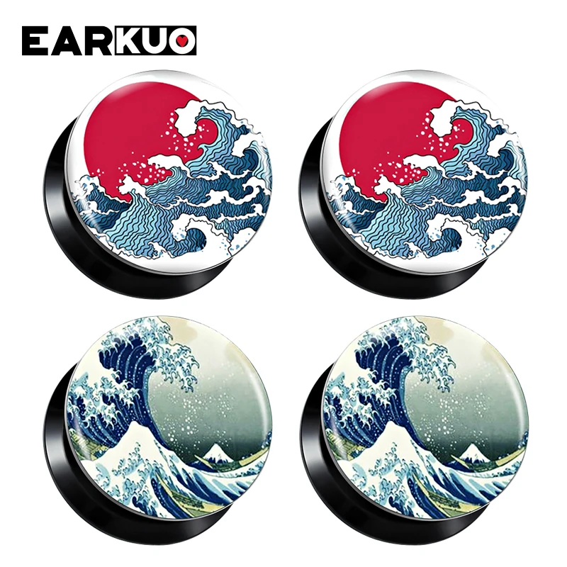 EARKUO New Sunrise Sea Wave Datura Flower Acrylic Ear Piercing Tunnels Stretchers Body Jewelry Ear Gauges Plugs Expanders 2PCS