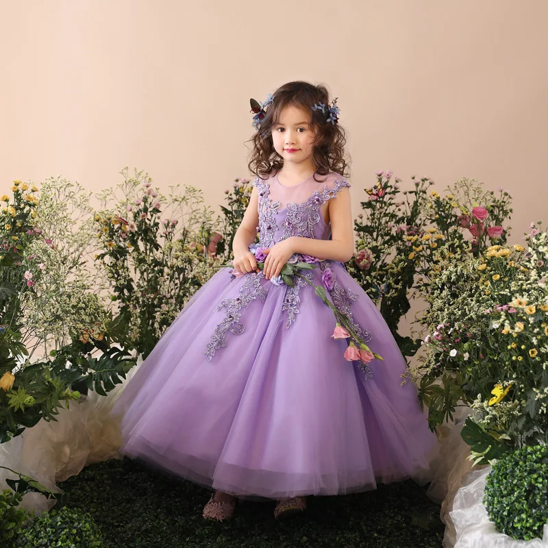 Flower Girl Elegant Dress First Communion Dresses for Girls Children Purple Tulle Ball Gown Kids Pageant Wedding Clothes