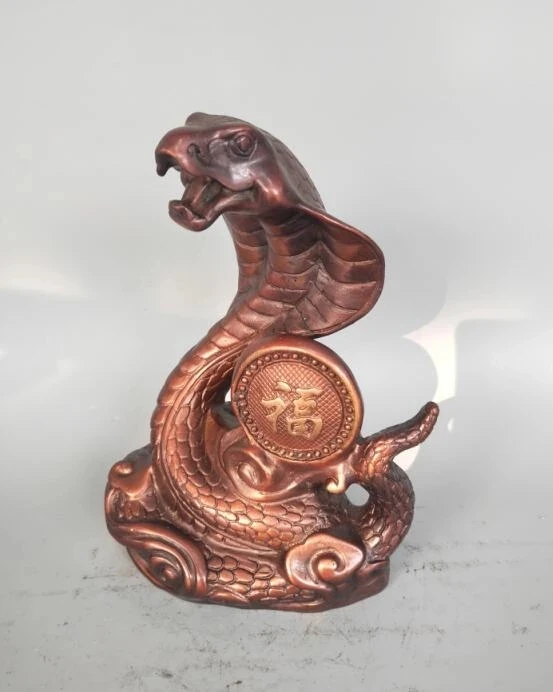 

Chinese Brass Folk Fengshui Fu Rich Wealth Zodiac Year Eye Snake Statue