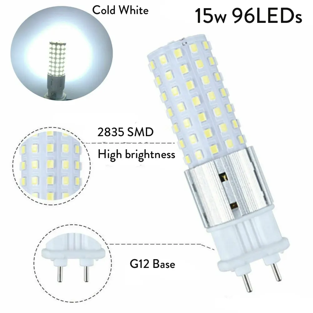 Lampe de remplacement ultralégère G12 SMD 2835 96Led, 15W, AC 110V 220V 240V 85V-265V