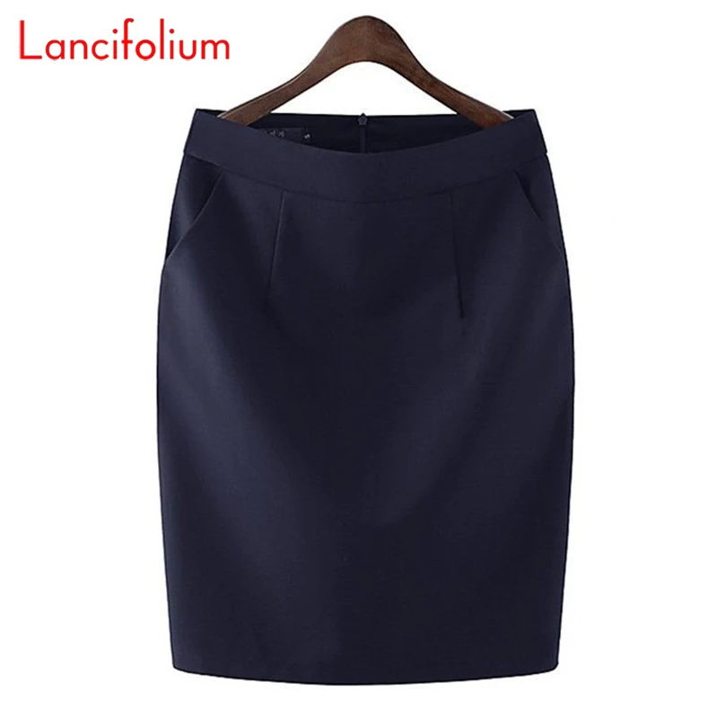 Knee Length Work Office High Waist Skirt Women Summer Vintage Formal OL Skirt Pocket Female Black Grey Bodycon Business Skirt