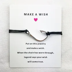 Antique Silver Plated Fishing Hook Hope Charms Cuff Multilayer Wax Rope Bracelets Women Men Unisex With Card Bracelet Jewelry