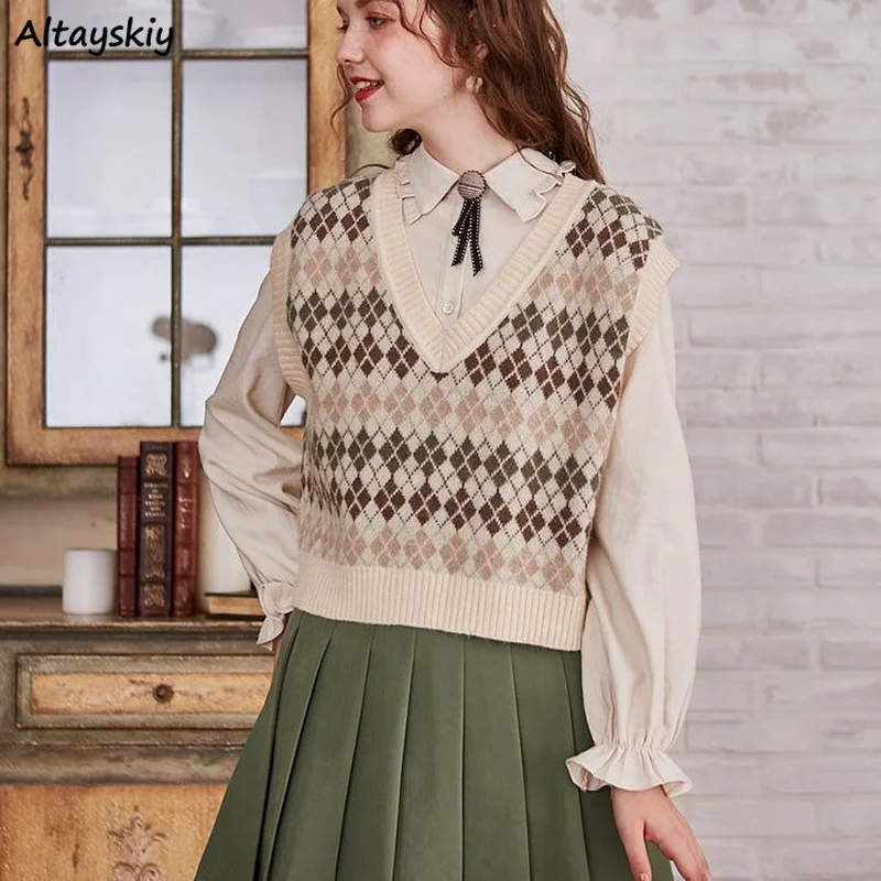 

Spring Cropped Sweater Vests Women V-neck Students Sleeveless Jumper Loose Vintage Lazy Versatile Knitting Tops Fashion Casual