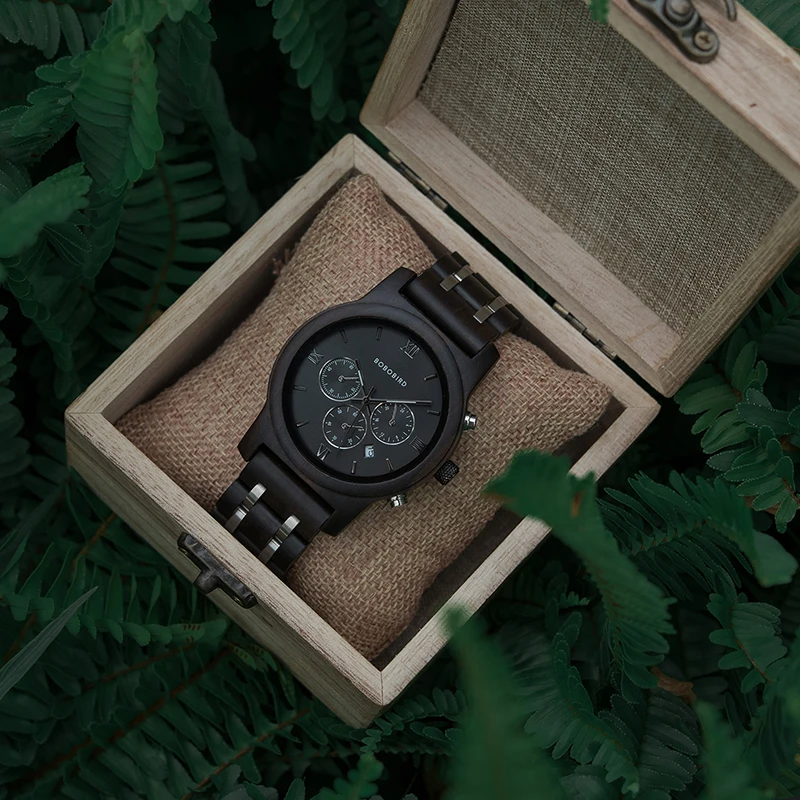 BOBO BIRD relogio masculino Men Watch Chronograph Wrist watch Military Metal Wooden Bracelet Luxury Custom Gift to him Box B-P19