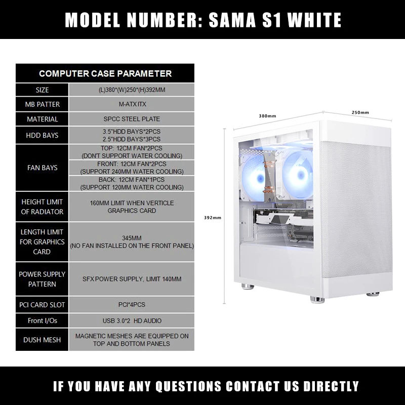 SAMA S1 PC Gamer Cabinet White Computer Case for 120/240mm Water Cooling Radiator Support MATX/ITX Motherboard/Power Supply