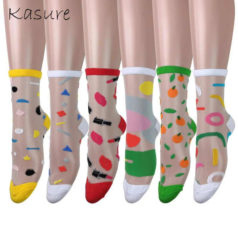 

KASURE Funny Fruit Vegetables Pattern Thin Ankle Socks For Women Girl Transparent Mesh Glass Silk Jacquard Spring Summer Sock