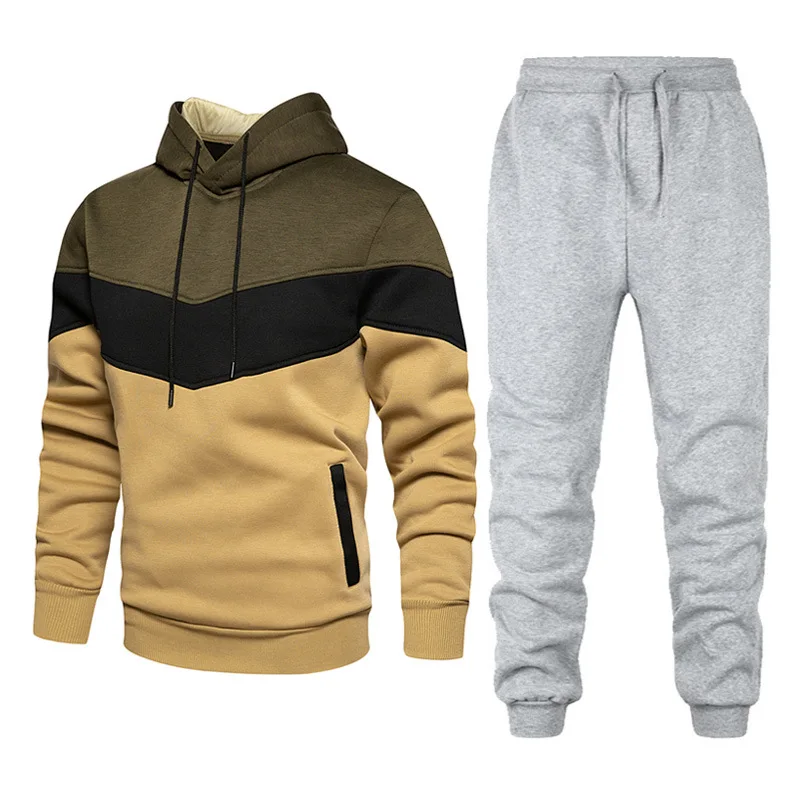 

New 2 Pieces Sets Tracksuit Color Patchwork Men Hooded Sweatshirt+Pants Pullover Hoodie Sportwear Suit Casual Sports Clothes