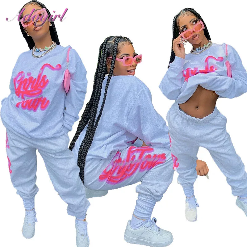 Fitness Active Two Piece Set Women Letter Print Long Sleeve Hoodies Tops Pants Sets Outfit Sport Tracksuit Workout Matching Sets