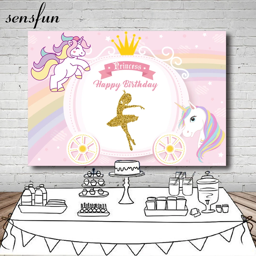 Sensfun Pink Unicorn Party Rainbow Backdrop Gold Glitter Dance Ballerina Girls Princess Crown Photography Backgrounds 7x5ft