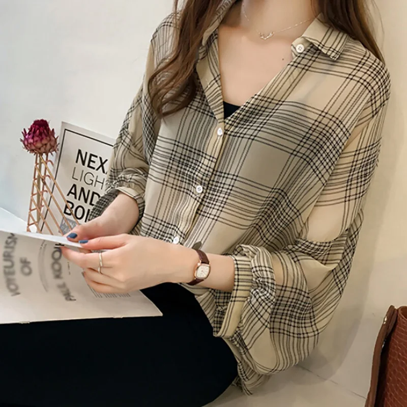 Women Plaid Turn Down Collar Shirt Autumn Loose Blouse Long Sleeve Button Down Tops