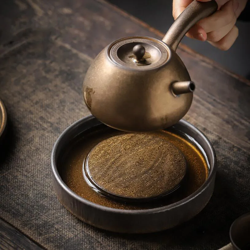 PINNY Retro Ceramic Gold Glaze Teapot Trivets Japanese Style Kung Fu Tea Tray Pigmented Teapot Crafts Tray