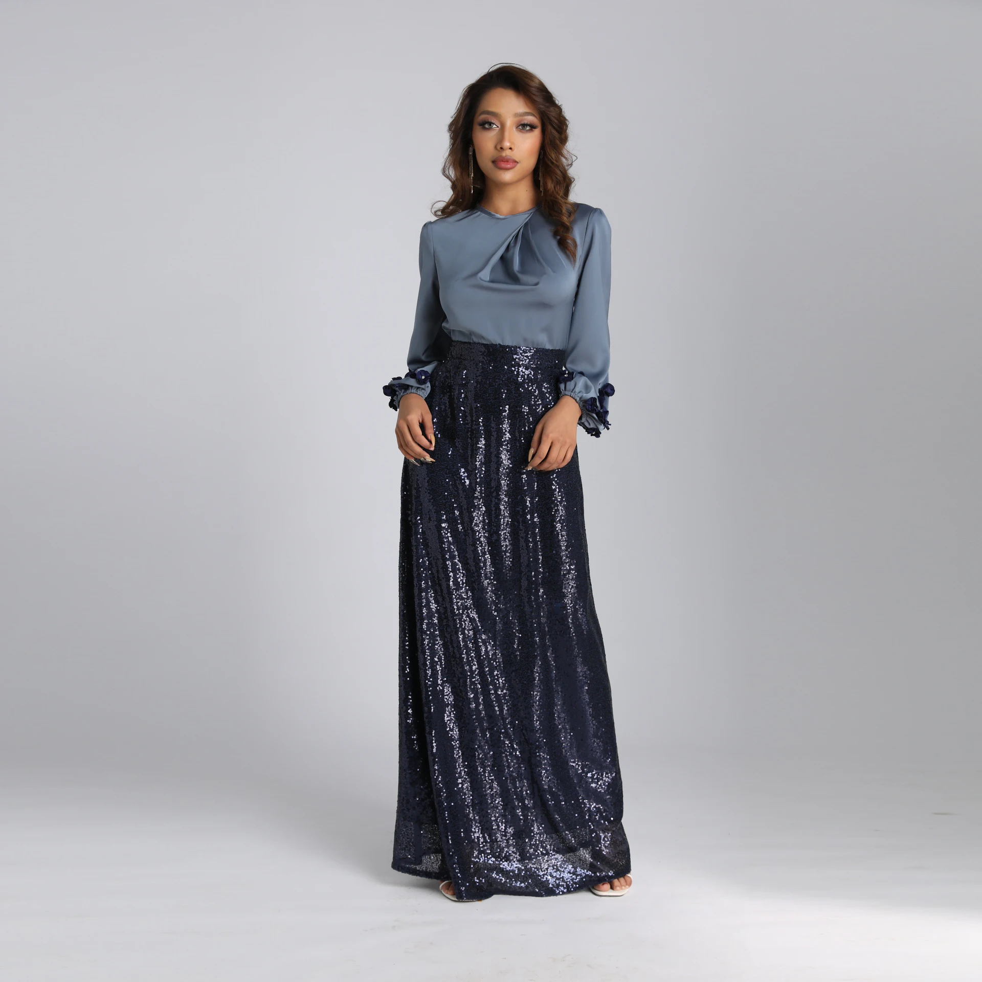 Women New elegant Fashion Middle East Muslim O-Neck Sequined Appliques Navy dress