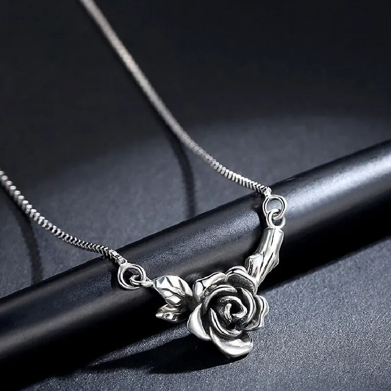 FOXANRY Silver Color Necklace for Women Trendy Elegant Vintage Make Old Design Rose Flower Thai Silver Party Jewelry Gift