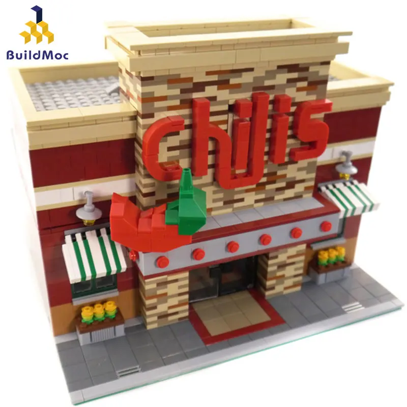 

MOC Chili's Restaurant Store of Citys Architecture Bricks Street View Restaurant House Set Model Building Blocks Friend Toys