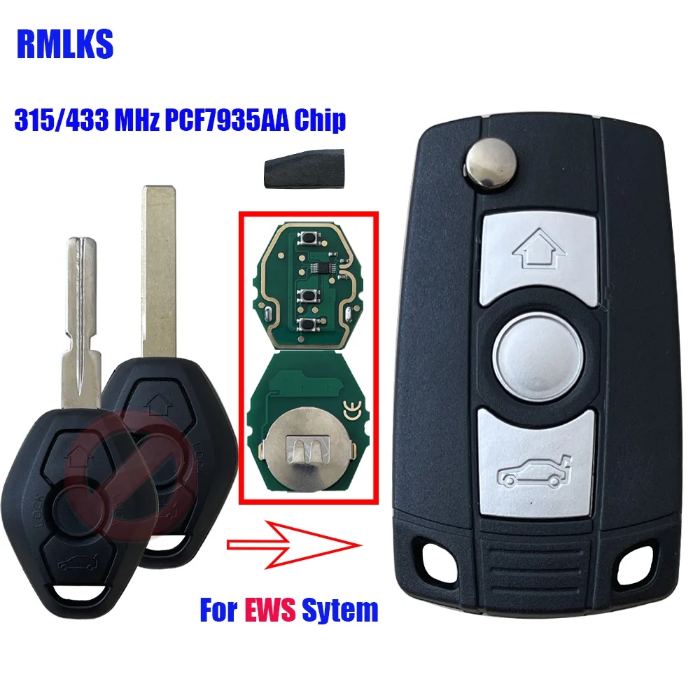 

Flip 3 Button 315MHZ 433MHZ Remote Key for BMW EWS 325 330 318 525 530 540 E38 E39 E46 M5 X3 X5 ID44 PCF7935 CHIP HU58 HU92