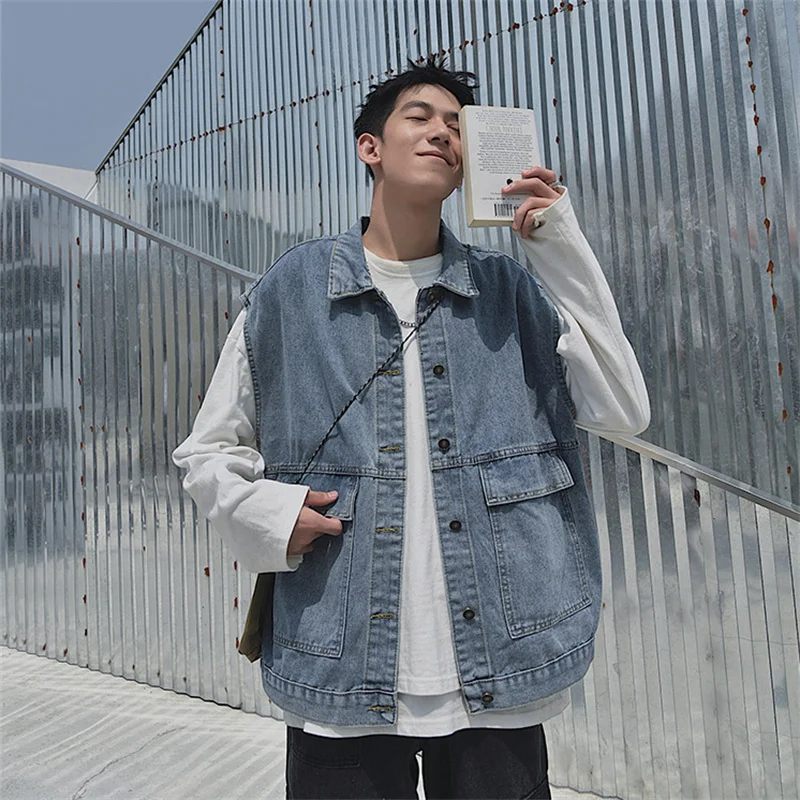 

Work clothes cowboy vest men's large pocket hip hop coat loose retro couple sleeveless spring and autumn street clothes