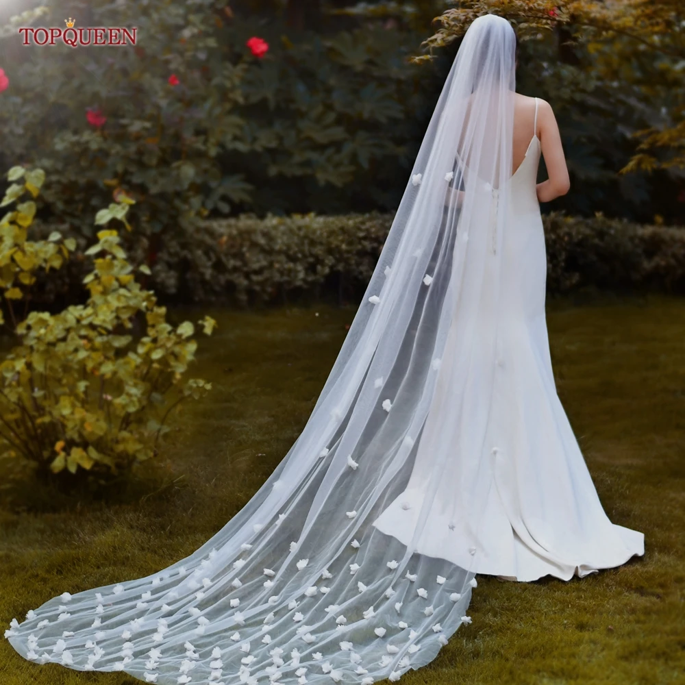 TOPQUEEN V20s 3D Flowers Wedding Veil Luksusowe welony ślubne Wedding Long Veu Bride 5 Meters Cathedral Drop Veil Pure White VEIL